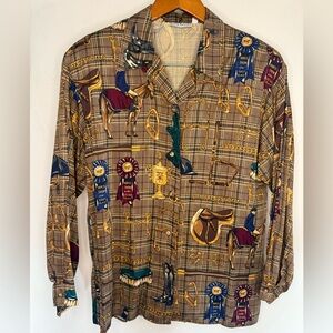Vtg Equestrian Women’s 10 Horse Horseshow Print Long-Sleeve Shirt David Brooks